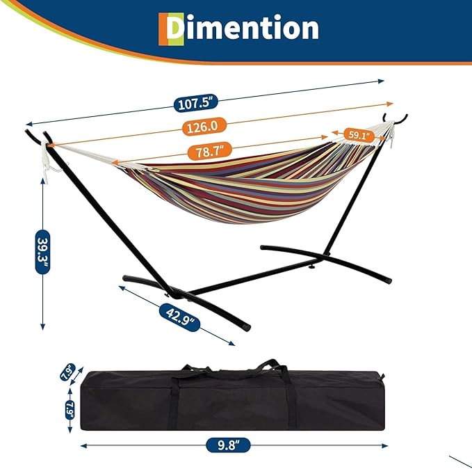 Double Person Heavy Duty Hammock, with Space-Saving Steel Stand & Portable Carrying Case, 450lb Capacity, Premium Balance Beams, Indoor/Outdoor Use - Yellow Rainbow Stripes