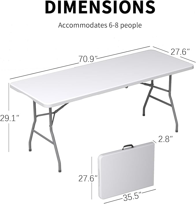 6FT Folding Tables – Heavy Duty Portable Foldable Picnic Table with Built-in Handle, 450 lb Capacity – Ideal for Events, Parties, Crafts, Camping & Dining (6-Pack, White)