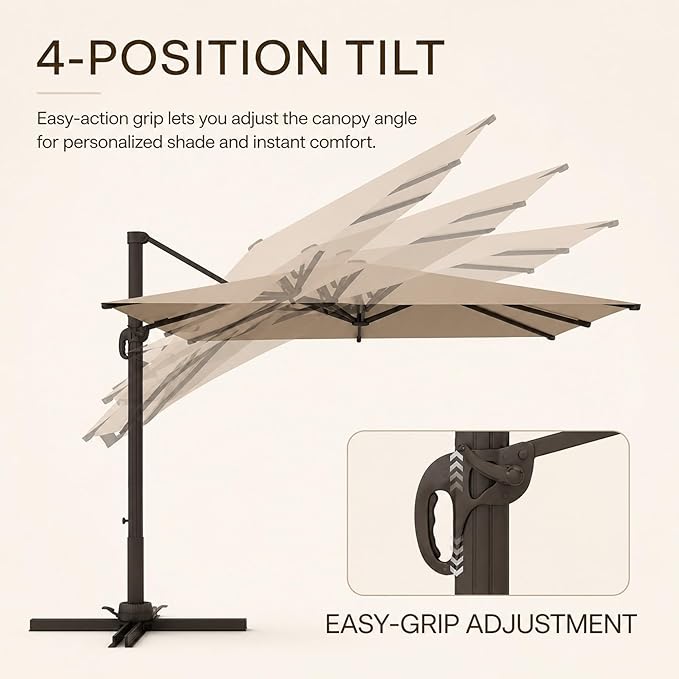 Kingdura 9' X 9' Cantilever Patio Umbrella with Base Included, Large Square Outdoor Offset Umbrella with 360-degree Rotation, 4 Position Tilt, UV Protection for Pool Deck Garden Patio (Beige)