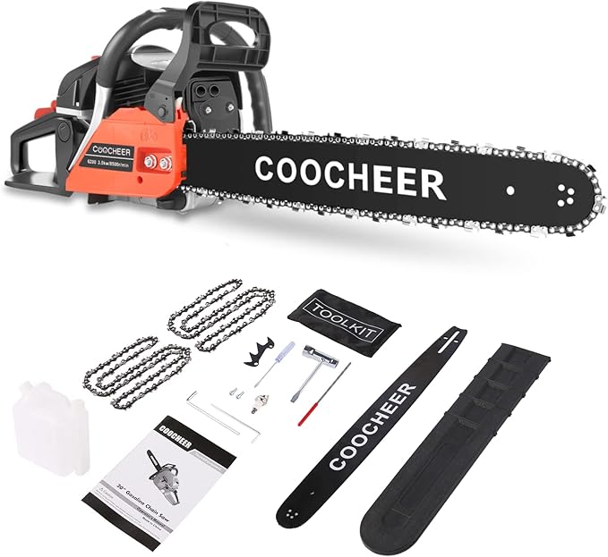 62cc Gas Chainsaw 20 Inch 2-Cycle Gas Powered Chainsaws with 2 Chains, 3.5 HP Petrol Handheld Gasoline Chain Saw for Tree Cutting, Firewood Logging