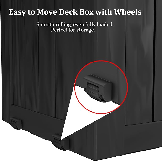 Outdoor Storage Box Waterproof with Wheels, 76 Gallon Lockable Resin Deck Box Patio Storage Bin for Pool Accessories Cushion Furniture, Garden Tools, UV-Resistant Outside Delivery Black