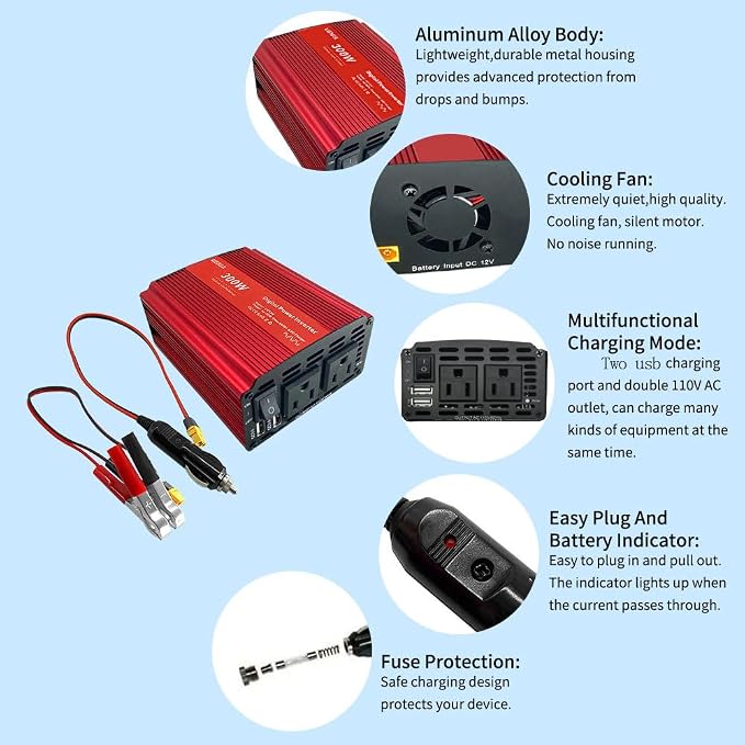 Car Power Inverter 300W Power Inverter for Car, Car Inverter Power Outlet DC 12V to 110V AC Converter Outlet Charger with one USB Charger and one Type-C for Phone, iPad, Laptop, Camera, Camping, etc