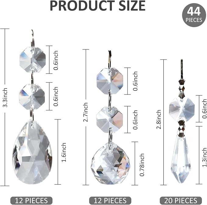 44 Pack Chandelier Crystal Prism Replacement, 38mm Hanging Clear Crystal Glass Bead Prisms 20mm Chandelier Crystals Modern for Foyer Wedding Lamp Windows Christmas Tree Decoration