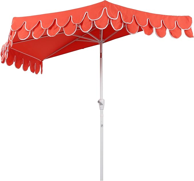 JONATHAN Y Terrace Scalloped 9 ft. Half Round Patio Umbrella with Crank Lift and Tilt, Coastal Semicircle Market Wall Umbrella for Balcony, Coral Red/White, White Pole UMB1202F