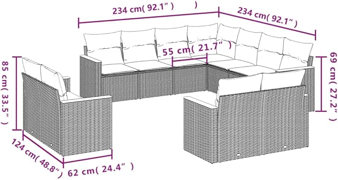 11 Piece Patio Sofa Set with Cushions, Sectional Sofa Outdoor Sofa Sets Patio Conversation Set Front Porch Furniture for Exhibition Garden Poolside Negotiation Area Black Poly Rattan