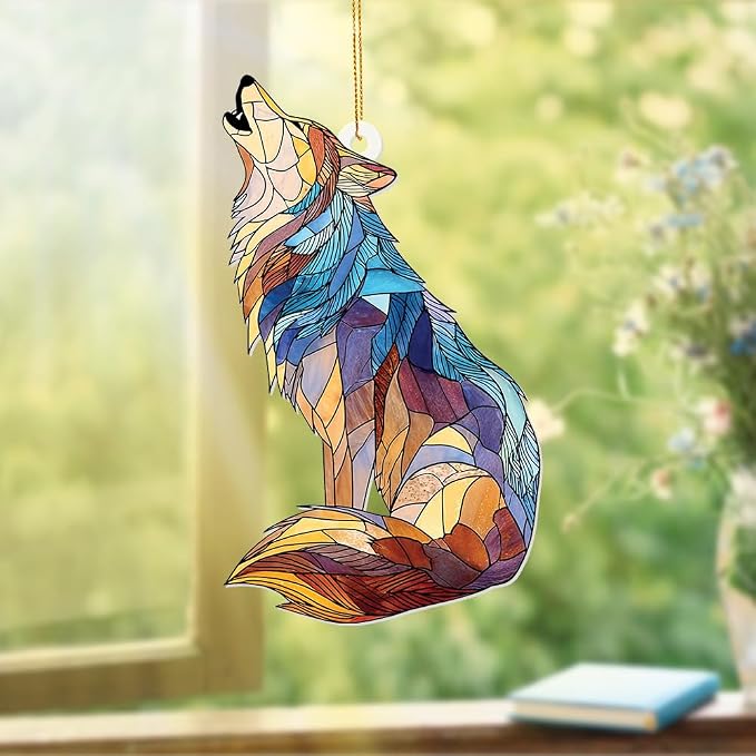 Wolf Stained Glass Ornament, Howling Wolf Window Hanging Acrylic Suncatcher, Wildlife Animal Decor for Home, Car Mirror, Office, Collectible Ornament Gift for Wolf Lovers (Sun-09)