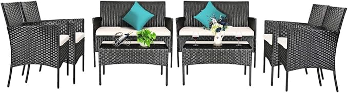 Tangkula 8 Piece Patio Furniture Set, Outdoor Wicker Conversation Set with Tempered Glass Coffee Table, Rattan Loveseat & Chairs Set with Seat Cushions for Backyard, Garden, Poolside (2, Beige)