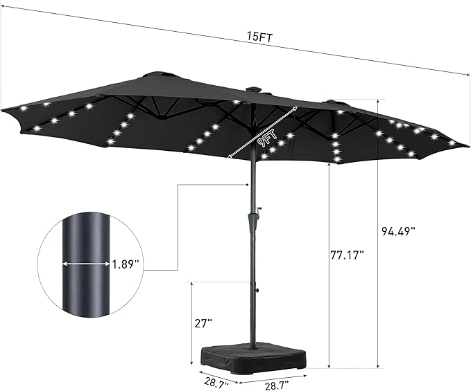 15 ft Patio Umbrella with 48 LED Lights, Large Rectangle Outdoor Solar Umbrella with Matching Base, Strap, Crank, Black