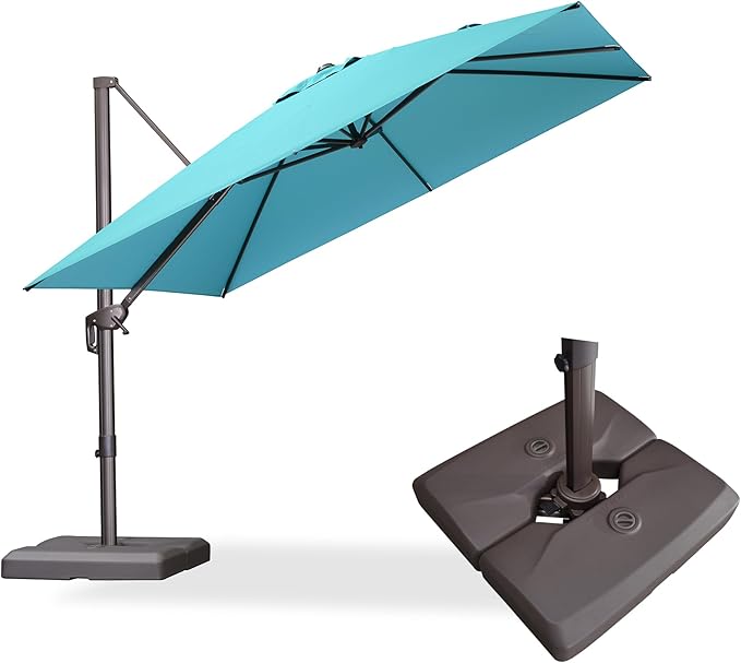 PURPLE LEAF 10' X 10' Patio Cantilever Umbrella with Base Included Antique Bronze Square Outdoor Umbrella with 360° Rotation and Aluminum Offset Hanging for Garden Backyard Pool, Turquoise