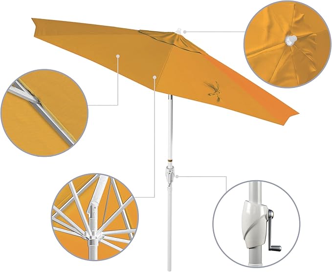 California Umbrella 12-Year Protection 9' Rd Aluminum Patio Umbrella, Crank Lift, Auto Tilt, White Finish, Sunbrella Sunflower Yellow
