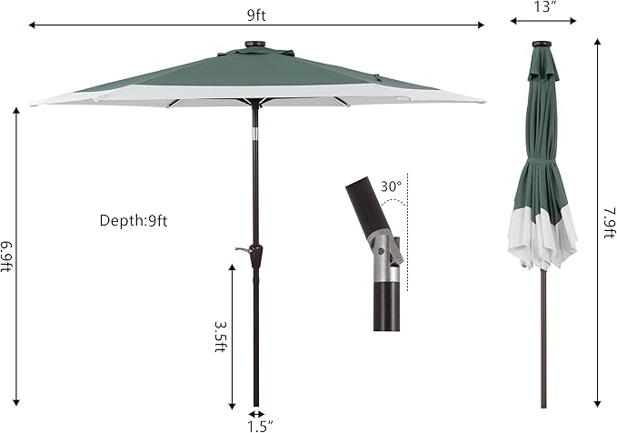 JONATHAN Y Spencer 9 ft. Solar Powered LED Patio Umbrella with Crank and Tilt, Hexagon Outdoor Market Sunshade for Garden, Deck and Pool, Green/White, Dark Brown Pole UMB1100E