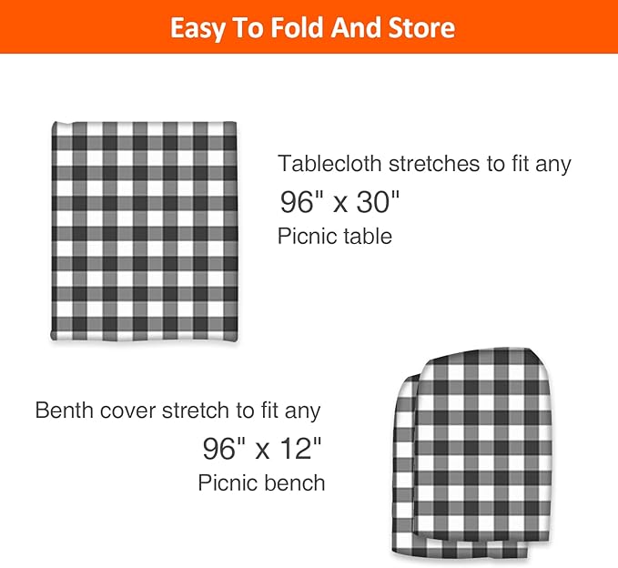 KENOBEE 8ft Picnic Table and Bench Cover, Camping Essentials RV Gear, 96 in Waterproof Windproof Outdoor Elastic All Around Tablecloth, Fitted Rectangle Tables and Seats, Black-White Checkered