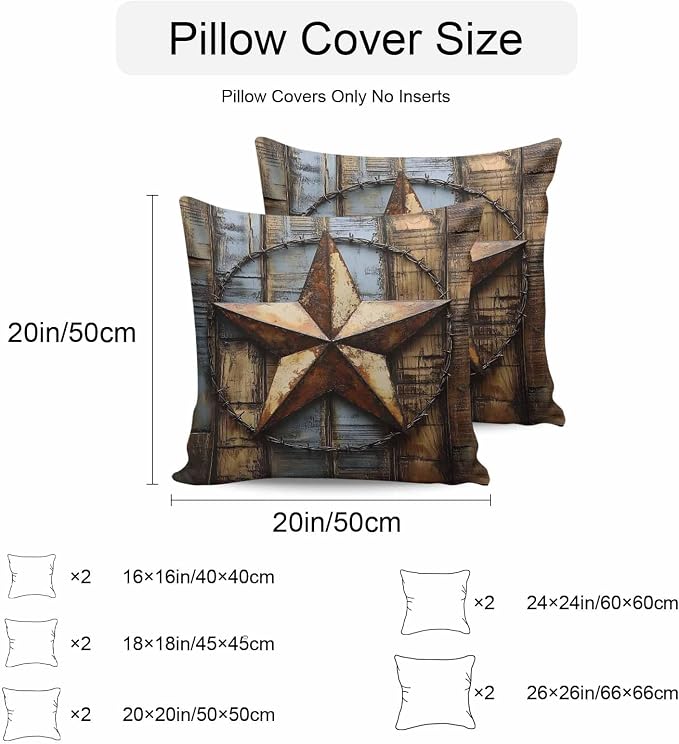 Rustic Star Brown Waterproof Outdoor Pillow Covers Set of 2 Home Decor, Vintage Farmhouse Wooden Grain Art Pillowcase Patio Pillow Covers for Couch Bench Furniture Garden 26x26in