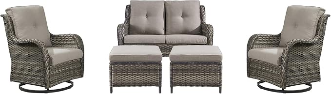 Rilyson Wicker Patio Furniture Set - 5 Piece Rattan Outdoor Sectional Conversation Sets with 2 Rocking Swivel Chairs,2 Ottomans and 1 Loveseat for Porch Deck Garden(Mixed Grey/Grey)