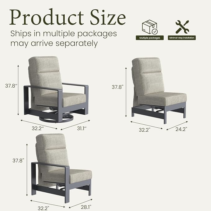 LayinSun 5-Piece Patio Furniture Set, Outdoor Aluminum Conversation Set with Swivel Chair and 6" Thick Cushions, Modern Sectional Sets for Balcony Backyard Pool