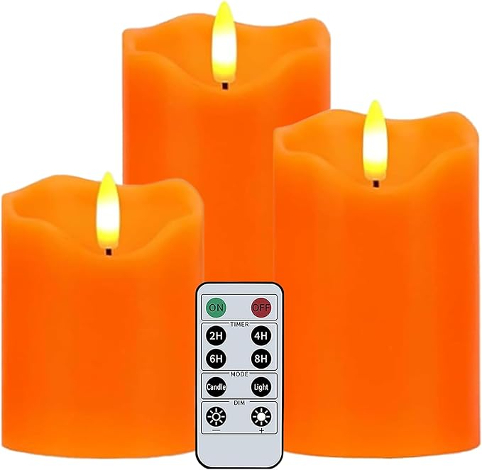Orange Flameless LED Pillar Candles, Remote Controlled with Built-in Battery, 3-Piece 3"×4"/5"/6" Set, Safe, Waterproof, Timer Function, Flickering Warm Glow for Home, Wedding & Outdoor Decor