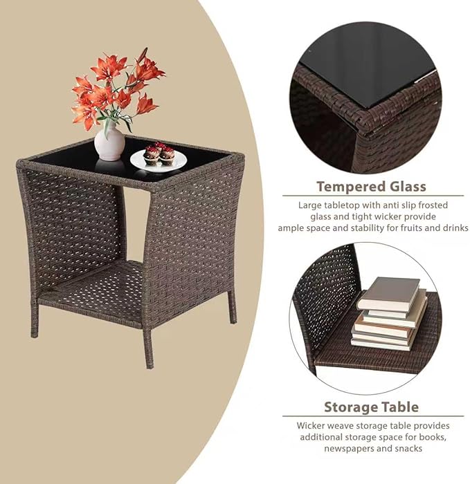 3-Piece Outdoor Patio Set, PE Wicker Patio Furniture Set, with Easy-to-Clean Removable Cushions and Glass Table, Garden Leisure and Entertainment Chat Set (Brown)