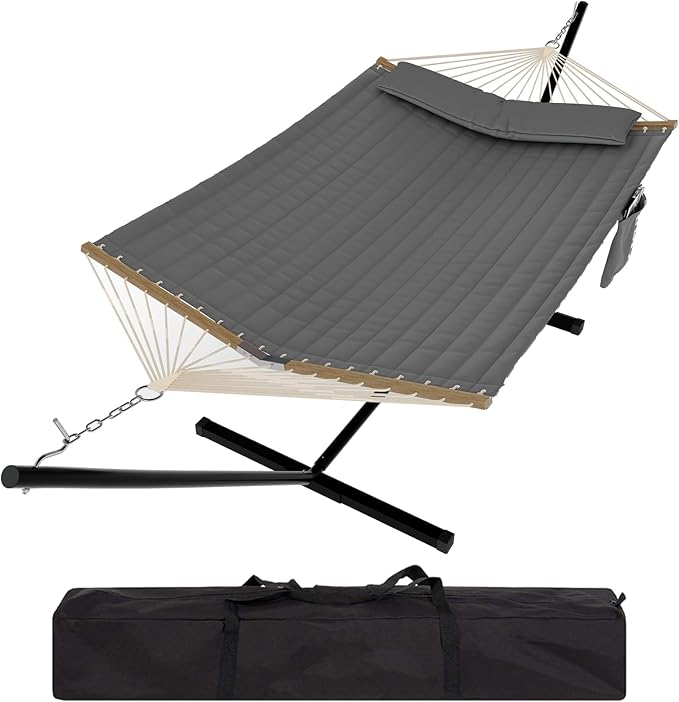 2-Person Hammock Set with Foldable Steel Stand – Backyard Retreat & Camping Must-Have (450Lb Weight Capacity, UV-Protected + Carry Bag), Dark Gray