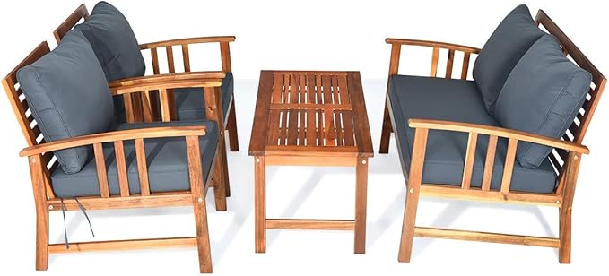 Tangkula 4 Pieces Acacia Wood Patio Furniture Set, Outdoor Seating Chat Set with Gray Cushions & Back Pillow, Conversation Set with Coffee Table, Ideal for Garden, Backyard, Poolside