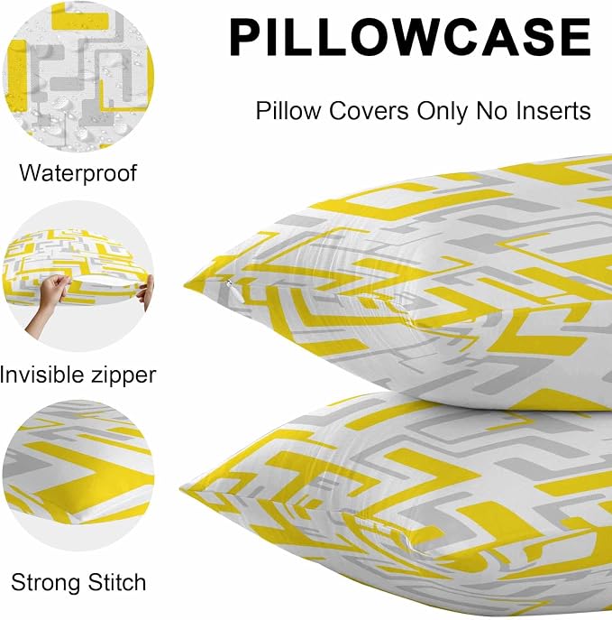Geometric Outdoor Pillow Shams Set of 2, Decorative Pillowcases Cushion Case, Soft Throw Pillow Covers Waterproof Pillow Case 26x26 Inch, Abstract Lines Yellow Gray Modern Art