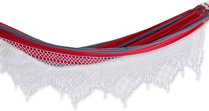 NOVICA Red Gray Striped Cotton Fabric 2 Person XL Brazilian Hammock with White Crochet Fringe, 'Scarlet Samba' (Double)