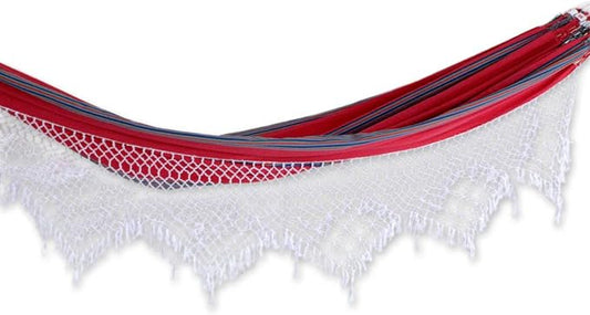NOVICA Red Gray Striped Cotton Fabric 2 Person XL Brazilian Hammock with White Crochet Fringe, 'Scarlet Samba' (Double)