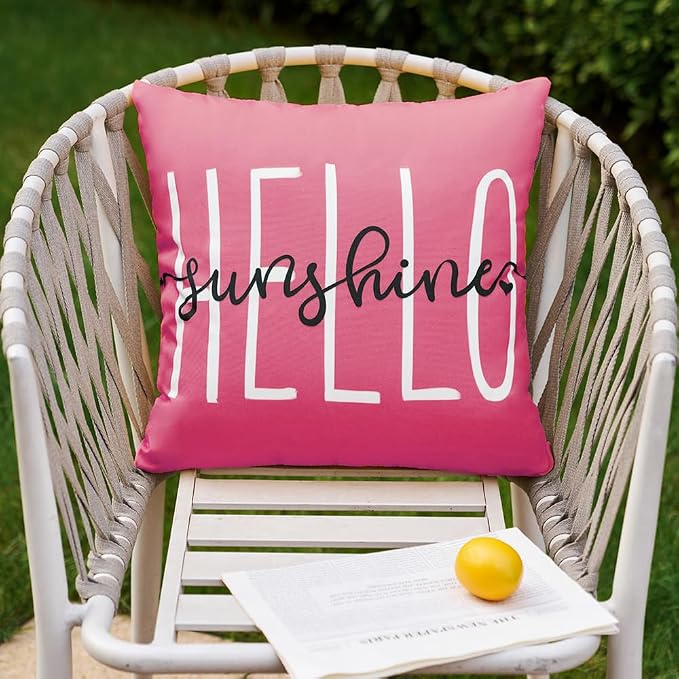 DFXSZ Hot Pink Outdoor Waterproof Pillow Covers 18x18 Set of 2 | Hello Sunshine Decor Spring Summer Polyester Pillow Covers(NO INSERTS)| Decor for Patio Funiture Garden Sofa Couch