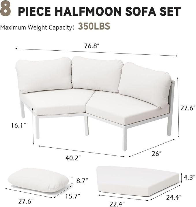 Crestlive Products Curved Patio Furniture Set, Modular Half Moon 8-Seater Sofa, Aluminum Outdoor Sectional with 5-Inch Water-Resistant Cushions, All Weather Couch for Backyard, Deck, Porch, Poolside