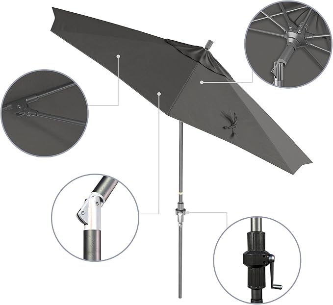 California Umbrella 9' Rd. Crank Lift, Collar Tilt, Aluminum Pole, Fiberglass Rib Patio Umbrella, Hammertone Grey Finish, Sunbrella Charcoal