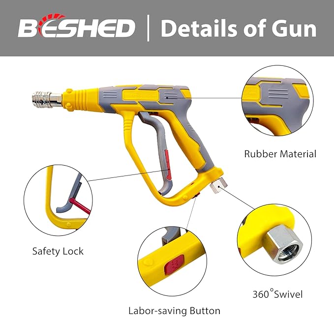 Short Pressure Washer Gun, High Power Washer Gun with 1/4 Inch Quick Connect, 3/8'' Quick Connect, M22-14mm and M22-15mm Fittings, 5000 PSI