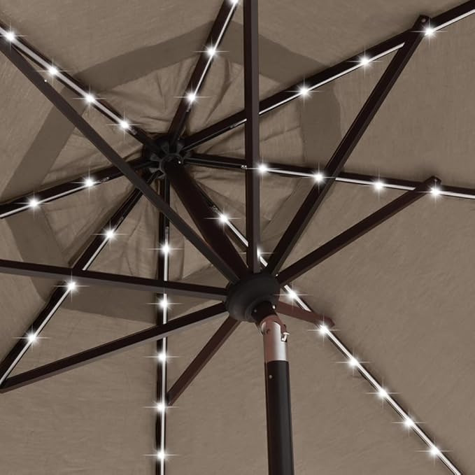 EliteShade USA 10-Year-Non-Fading 9ft 3-Tier Market Patio Umbrella, Commercial Table Umbrella with 80 Solar LED Lights, Crank Open, Windproof & UPF 50+ UV Protection for Garden, Deck, Pool, Backyard, Mushroom