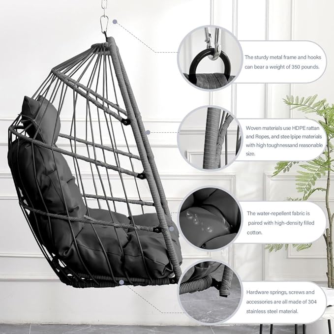 Hanging Egg Chair Without Stand – Foldable Rattan Wicker Swing Chair with Cushion & Headrest, 350lbs Capacity, Ceiling/Tree Mount Kit Included for Indoor Outdoor Use,Gray
