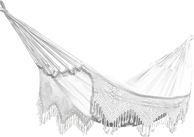 RUVOO Hammock Camping Hammock Swinging Hammock Fringed White Canvas Fabric Portable Hammock for Camping Outdoors Or Gardens and Travel Hammocks for Outside
