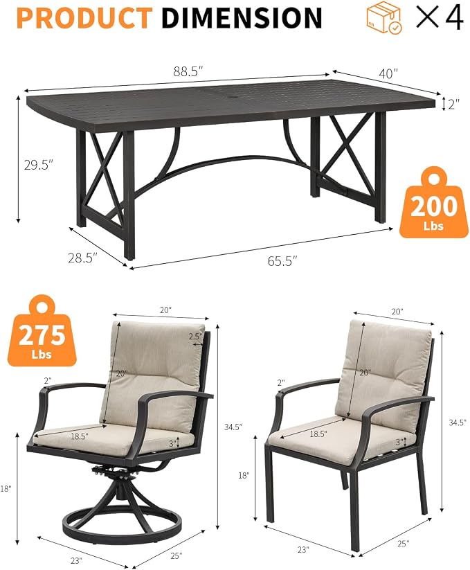 9 Pieces Outdoor Dining Set, Never-Rust Aluminum Patio Dining Set for 8, Patio Table and Chairs Set with 2 Swivel Rocker Chairs, Patio Furniture Setfor Decks, Garden, Lawn, Gunmetal