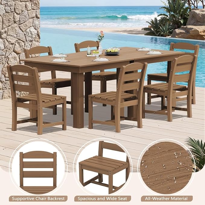 KINGYES 8-Piece HDPE Outdoor Dining Set for 6, Square Patio Table & Armless Chairs with Umbrella Hole, All-Weather Patio Dining Set for Backyard, Garden, Lawn & Poolside, Brown