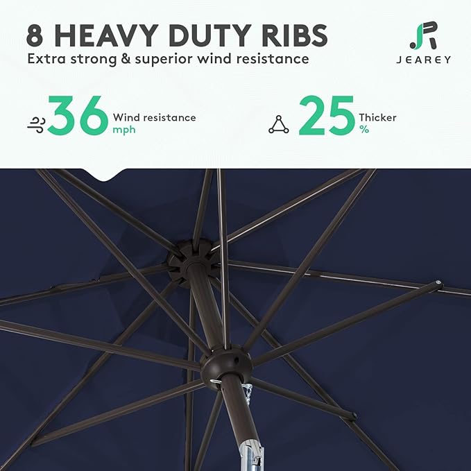 JEAREY 9FT Outdoor Patio Umbrella Outdoor Table Umbrella with Push Button Tilt and Crank, Market Umbrella 8 Sturdy Ribs UV Protection Waterproof for Pool, Deck, Backyard, Garden (Navy Blue)