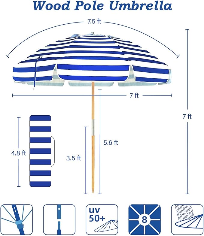 AMMSUN 7.5ft Heavy Duty HIGH Wind Beach Umbrella Commercial Grade Patio Beach Umbrella with Air Vent Ash Wood Pole & Carry Bag UPF 50+ Protection Stripe Blue white