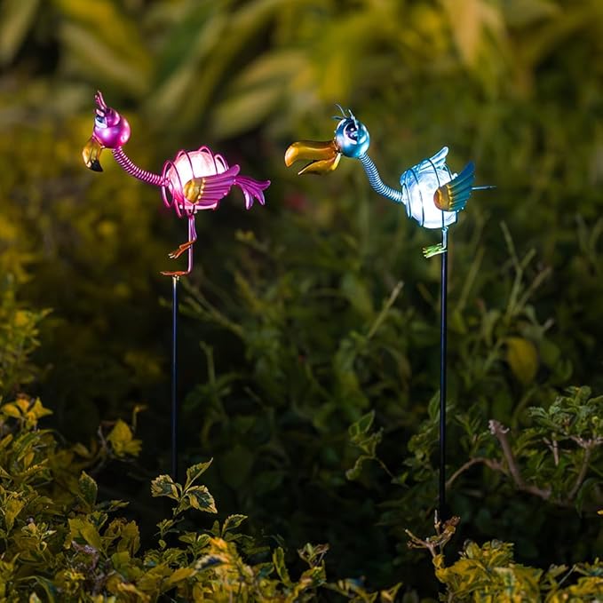 Outdoor Garden Solar Lights,2 Pack Decorative Solar Lights for Garden Decor,Flamingo Backyard Decor,Metal Solar Lights with Stakes for Yard Landscape Patio