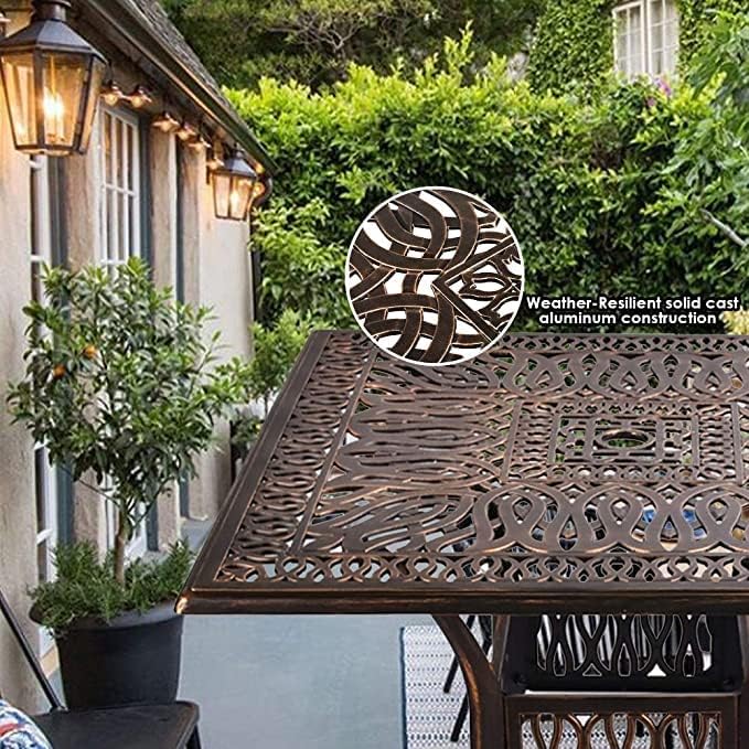 Grepatio 35.4" Square Cast Aluminum Dining Table, Compact Bistro Table with 2" Umbrella Hole Conversation Table, Antique Bronze
