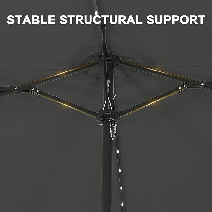 15 ft Patio Umbrella with 48 LED Lights, Large Rectangle Outdoor Solar Umbrella with Matching Base, Strap, Crank, Black