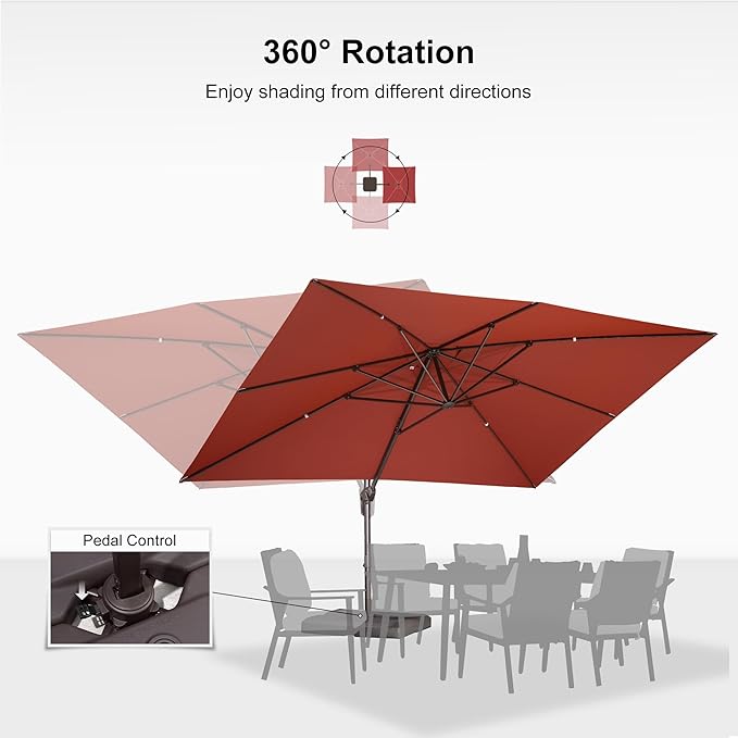 PURPLE LEAF 10' X 13' Patio Cantilever Umbrella with Base Rectangle Umbrella Outdoor with Aluminum Offset Antique Bronze Hanging and 360° Rotation for Pool Garden Deck Patio, Brick Red