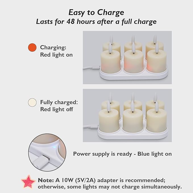 Rhytsing 6 Rechargeable Flameless Votive Candles with Timer for Home Decor, Led Faux Battery Operated Tealight Candles with Magnetic Charging Base, Type-C USB Cable, Remote Included-D1.6 X H2.7 inches