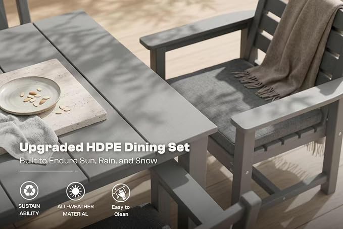 Perli™ 5-Piece Outdoor Dining Set, All-Weather HDPE Patio Furniture with 4 Armrest Chairs and Rectangular Table, UV-Resistant 4-Person Set for Deck, Backyard, Grey