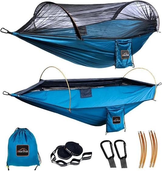 AnorTrek Professional Camping Hammocks with Mosquito Net, Lightweight Double for Camping, Hiking & Backpacking | Includes Two 10 FT Tree Straps, 230T Nylon Design