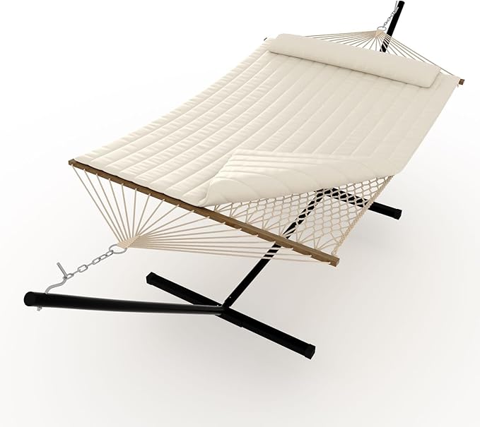 2 Person Hammock with Heavy Duty 500Lb Capacity Stand - Portable Cotton Rope Hammock & Quilted Comfort Pad - Relax Together Indoor or Outdoor (Beige)