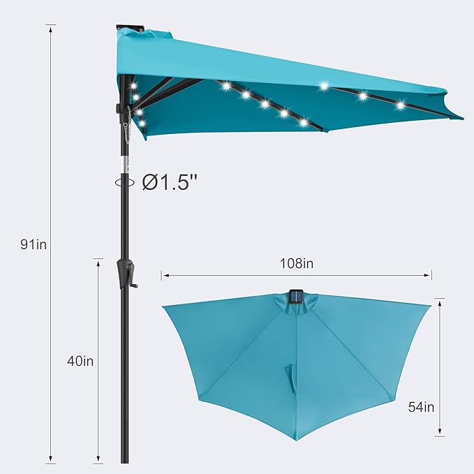FLAME&SHADE 9 FT Solar Half Patio Umbrella with 25 LED Lights, Half Outdoor Umbrella with Button Tilt, Half Round Table Umbrella For Deck, Backyard, Balconies, Decks, Rvs, UV Protection (Aqua Blue)
