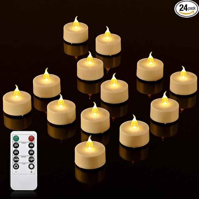 JOSU 24PCS Flameless Tea Lights Candles with Remote Timer, Led Battery Operated Electric Votive Candle for Wedding Centerpiece Table Decorations, Flickering Tealight Candles for Home Party Decor