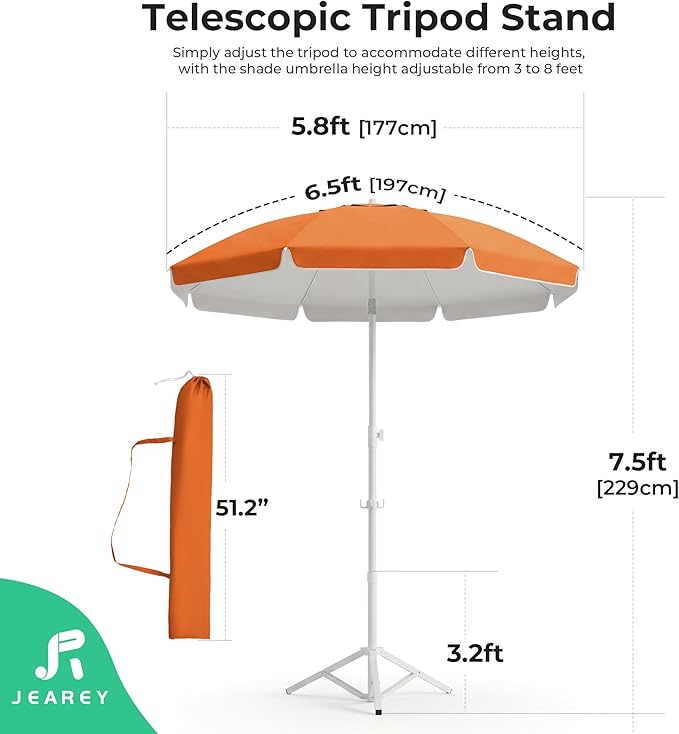 JEAREY 6.5ft Sun Shade Umbrellas, Portable Umbrella with Stand, Lightweight Sun Protection Free Standing Sport Umbrella for Outdoor Sports, Camping, Fishing, Patio, Beach, Sun Orange