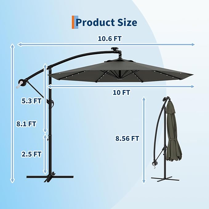 Garvee 10FT Solar Lights Offset Patio Umbrella with Cross Base, Cantilever Umbrella with Easy Lift & Tilt Adjustment, 8 Ribs Sun umbrella UV Protection for Backyard, Pool, Garden, Gray