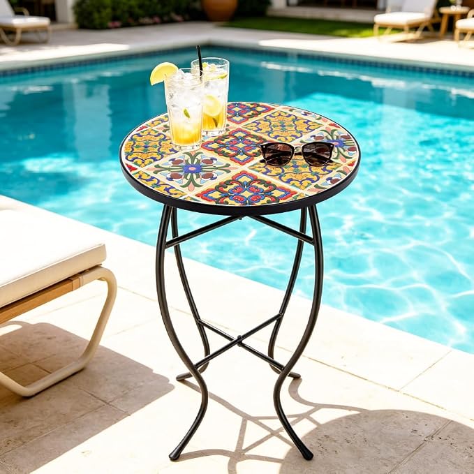 Mosaic Outdoor Side Table Small Round Patio Table Plant Stand | 21" Accent End Table with 14" Ceramic Tile Top for Small Spaces Porch Pool Garden Decor Indoor Living Room Bedroom Balcony